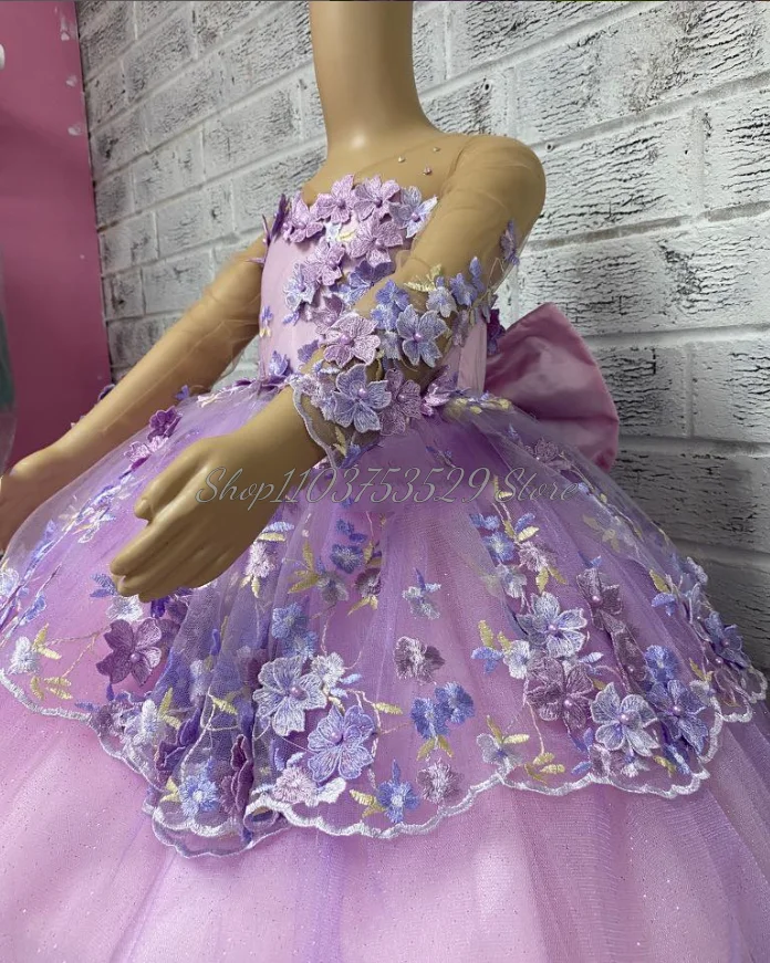 Elegant Lilac Purple Lavender Flower Girl Dress 3D Floral Applique Beaded Tulle Long Sleeve Mini Quinceanera Dresses