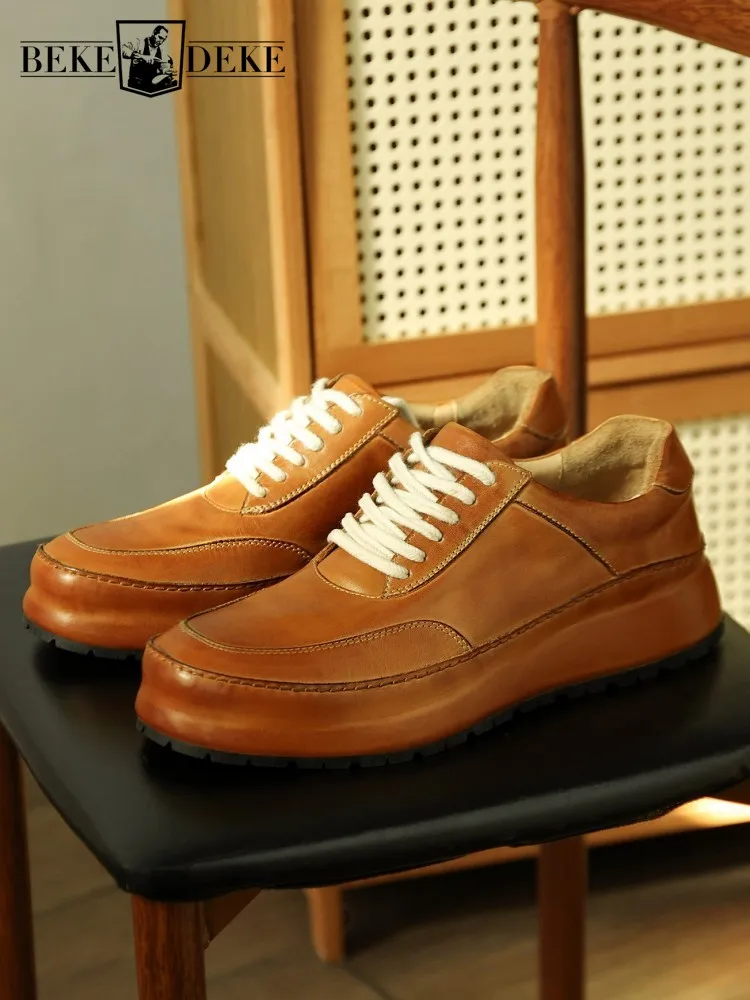 

High Quality Mens Business Casual Horsehide Genuine Leather Shoes Lace Up Handmade Vintage Comfortable Work Platform Cargo Shoes