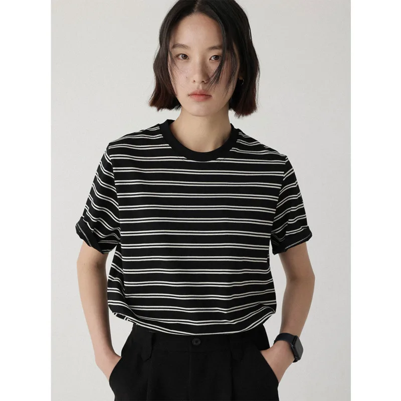 

Women Striped Pure Cotton T-shirt Spring Summer Round Neck Short Sleeve Loose Casual T-shirt Top