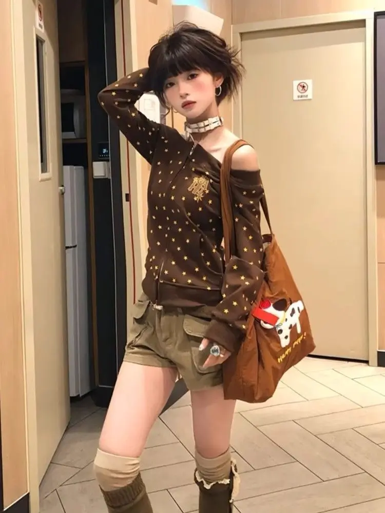 

Эстетическая толстовка с капюшоном в стиле ретро, женские топы с длинными рукавами и принтом Y2k, тонкая женская одежда в стиле Харадзюку, новинка 2025, уличная одежда, топы