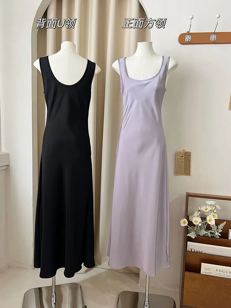 French Style Square Collar Sleeveless Straight Dress Women Simple Slim Camisole Dress Summer Elegant Sexy One-Piece Satin Frocks