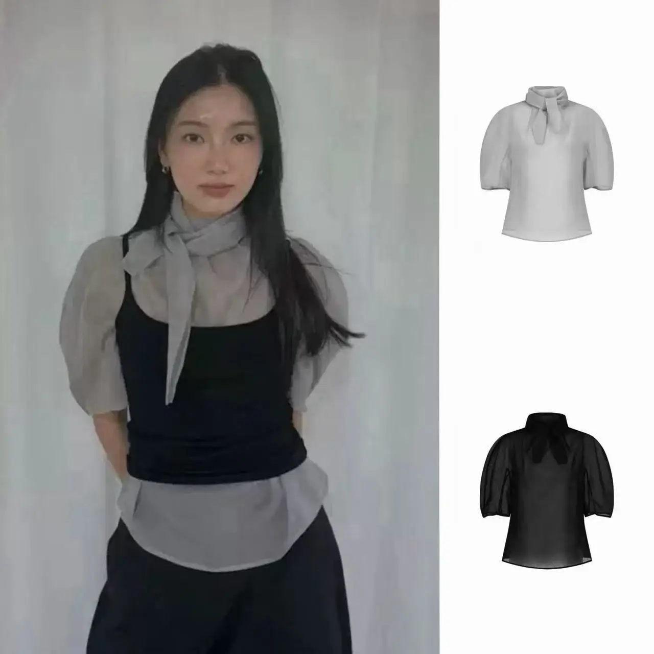 

Женская рубашка в корейском стиле, свободного кроя, вязаная, с воротником-шарфом и рукавом до локтя, повседневная, летняя, модная, однотонная, в стиле минимализм