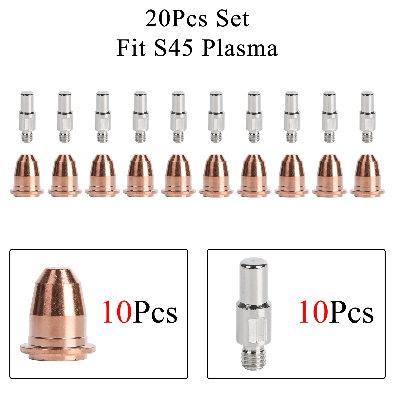 Imagem -02 - Eletrodo S45 Pr0110 Ponta do Bico Pd0116 0.8 mm 0.9 mm 1.0 mm Ajuste Consumíveis de Tocha de Corte de Plasma 20 Peças