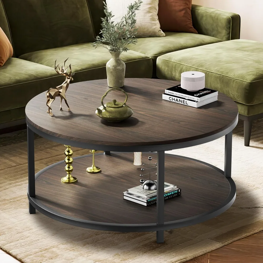 2-Tier Living Room Center Table with Storage Shelf, Rustic Wood Top & Sturdy Metal Frame, Modern Coffee Table