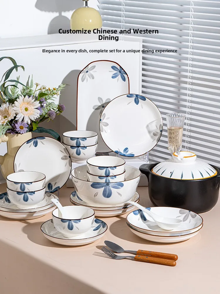 

Modern Simple Cerc Bowl Plate Set Home Use Underglaze Color Rice Bowl New 2025 Design Dining Utensils Set for Daily Use