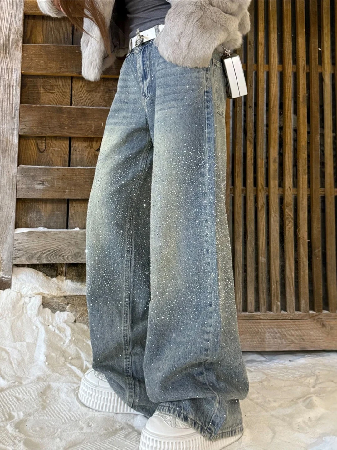 

Блестящие джинсы с камнями для женщин, с высокой талией, широкими штанинами, весенняя новинка, модный корейский стиль, роскошные джинсы