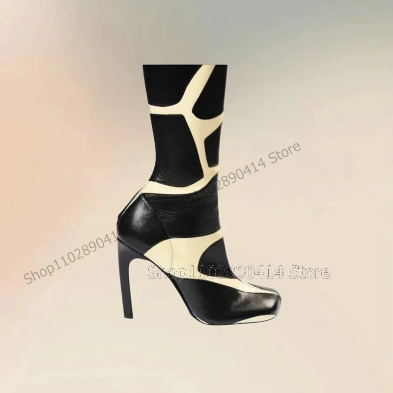 Black White Dairy Cow Print Square Toe Boots Back Zipper Women Shoes Thin High Heels Fashion Banquet 2024 Zapatos Para Mujere