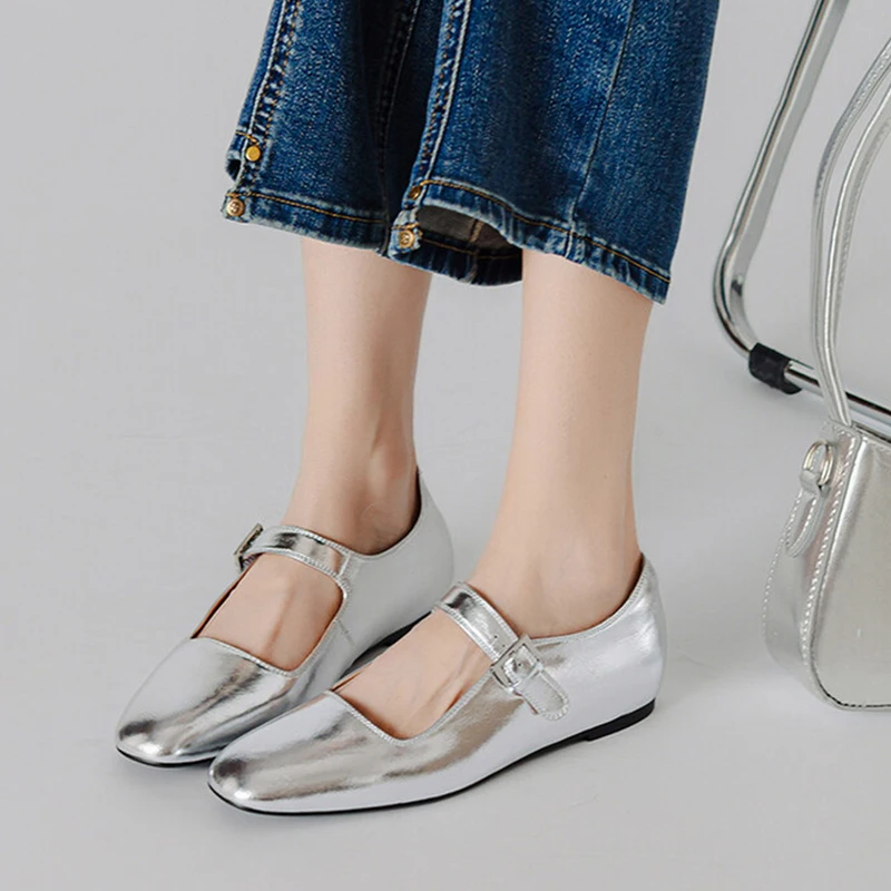 JOZHAMTA Size 33-41 Women Luxury Ballet Flats Shoes Real Leather Metallic Silver Gold Low Heels For Woman Casual Daily Mary Jane