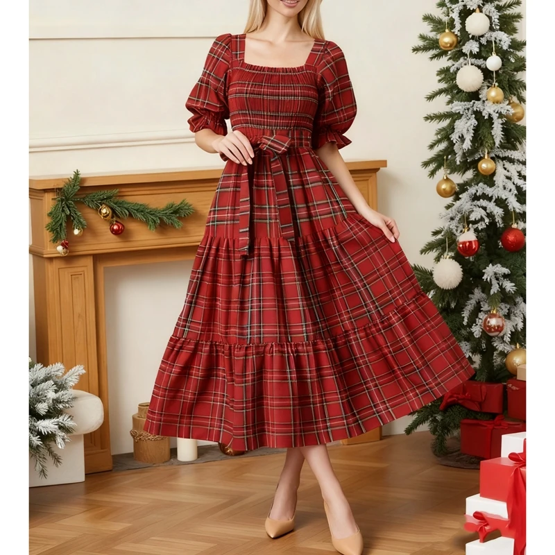 Sukienka damska Combhasaki, świąteczna, w kratę, zwiewna, maxi, styl Y2k, bufiaste rękawy, kwadratowy dekolt, falbany, marszczona, w kratkę gingham, na imprezę, z paskiem, długa.