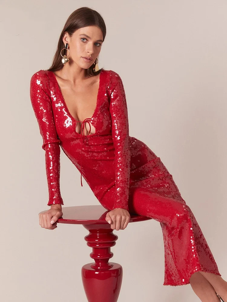 Elegant Luxury Celebrity Party ฤดูร้อนใหม่ผู้หญิงเซ็กซี่ลึก V คอชุดยาวแขนยาวตัด Strings ผูกชุด