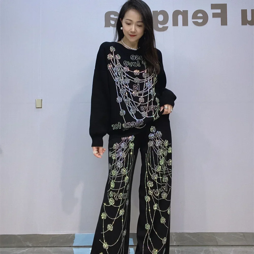 

Rose Diamonds Two Piece Sets Womens Outifits Autumn Clothes Casual Tracksuit O Neck Tops Wide Leg Pants Женский Вязаный Костюм