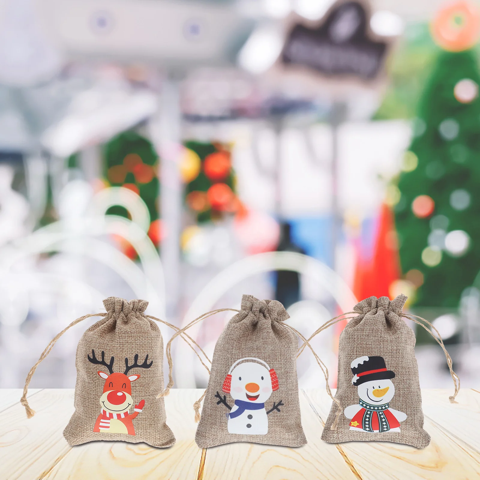 

1Set Christmas Candy Gift Drawstring Bag Snack Pouch Durable Hemp Rope Wooden Party Favor Holder Treat Packing Bags
