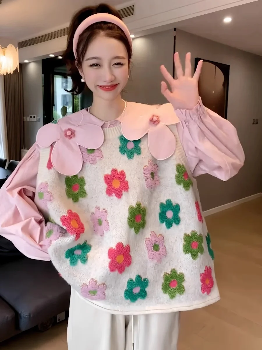 Pull tricoté coréen pour femmes, grande taille, gilet rond Ne Svel, vêtements d'extérieur, broderie florale, nouvelle collection automne hiver