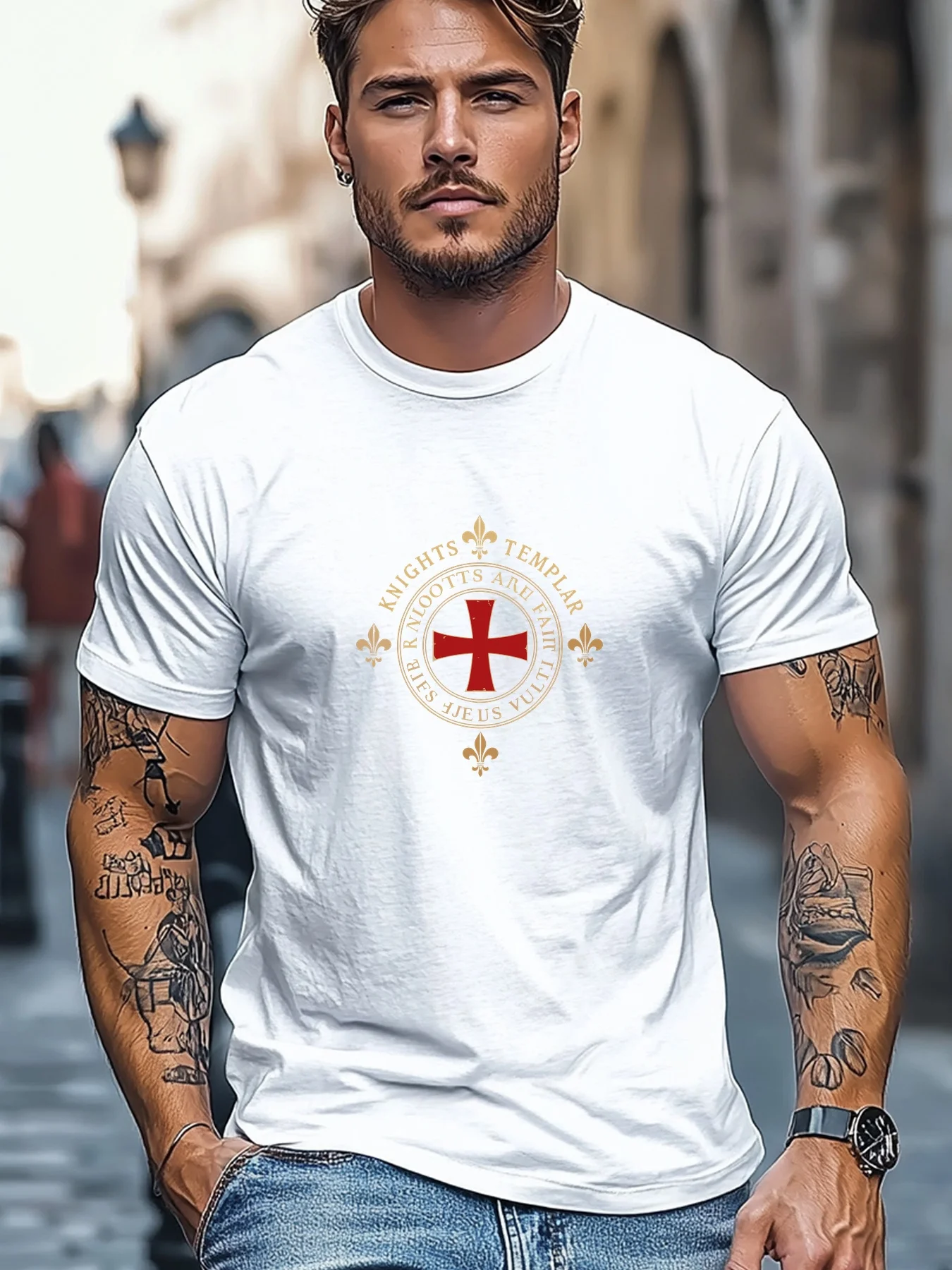 Men's Templar Knight Pattern Casual Crew Neck Short Sleeve T-Shirt Church Tee Christian T-Shirt  Saves Shirt