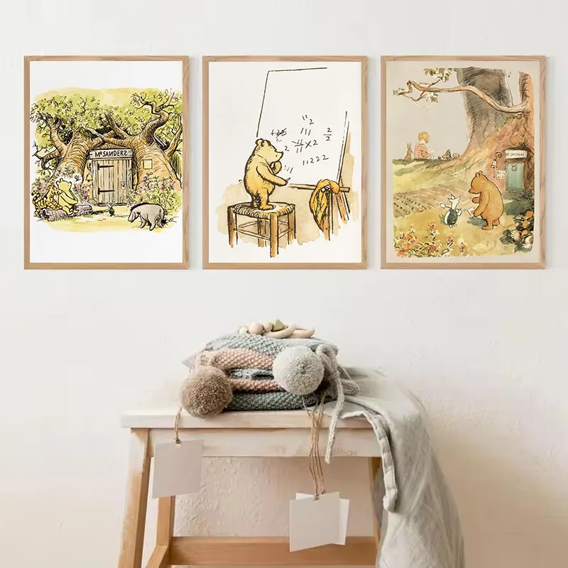 1pc Frameless Retro Watercolor Classic Bedtime Story Little Bear Friendship Illustration Canvas Poster Wall Art Pictures Nursery
