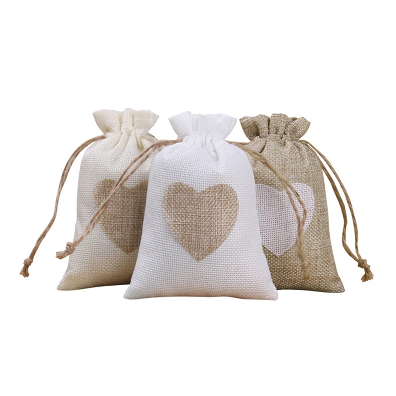 10Pcs Heart Shape Jute Drawstring Bags Jewelry Small Pouches Wedding Christmas Gift Package Pocket