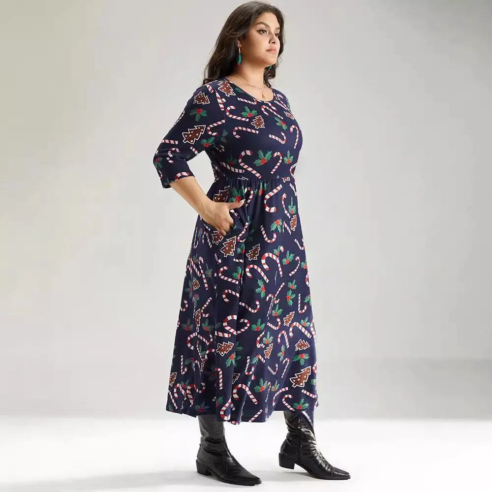 Plus Size Clothing Large Christmas Print Long Sleeved Round Neck Pocket Elastic Waist A--line New Women's Long Skirt Dress