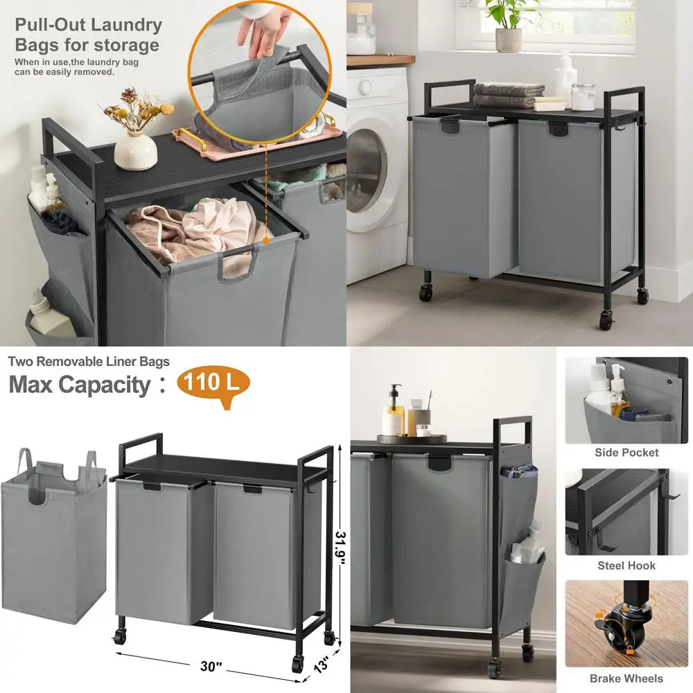 

Серая корзина для белья на колесиках с крышкой, железным каркасом и 2 съемными пакетами для эффективной сортировки одежды и хранения