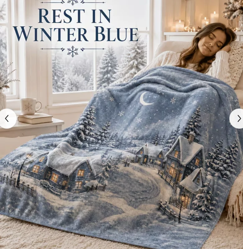 Blanket, Misty Blue Winter Christmas Village Blanket, Moonlit Night Snowy Scene for Living Room Sofa or Bedroom Nap Cover