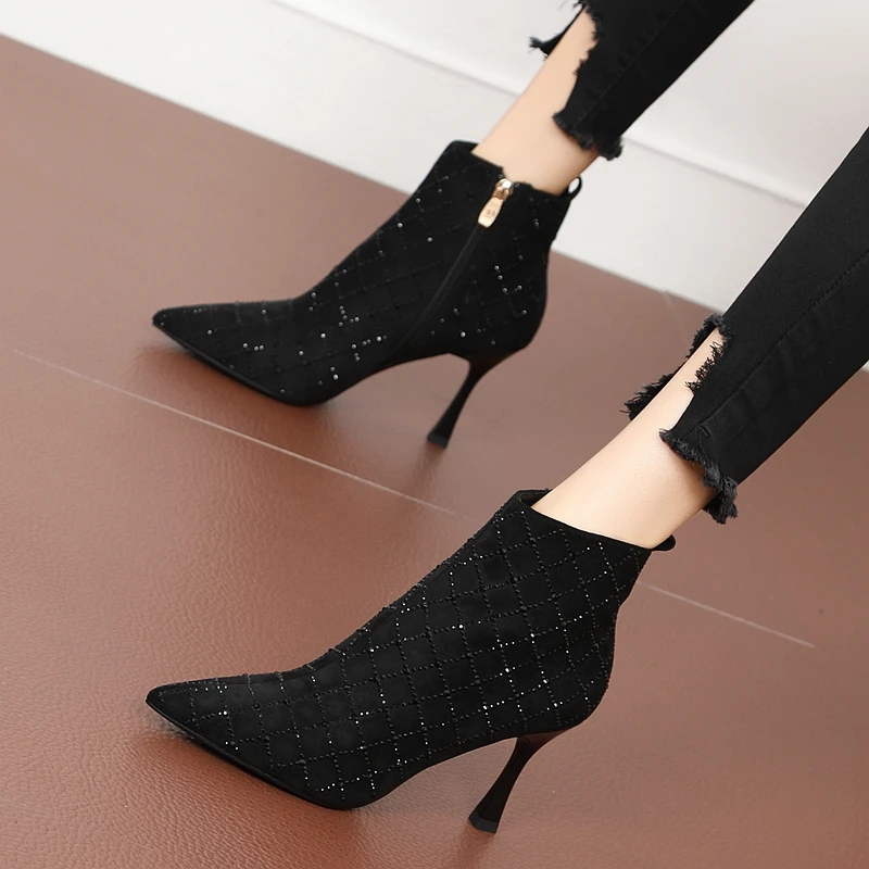 Shoe Women\'s Autumn Boots Heeled Shoes Botins Luxury Brand Woman Stripper Heels Vintage Sexy Rhinestone Ankle 2022