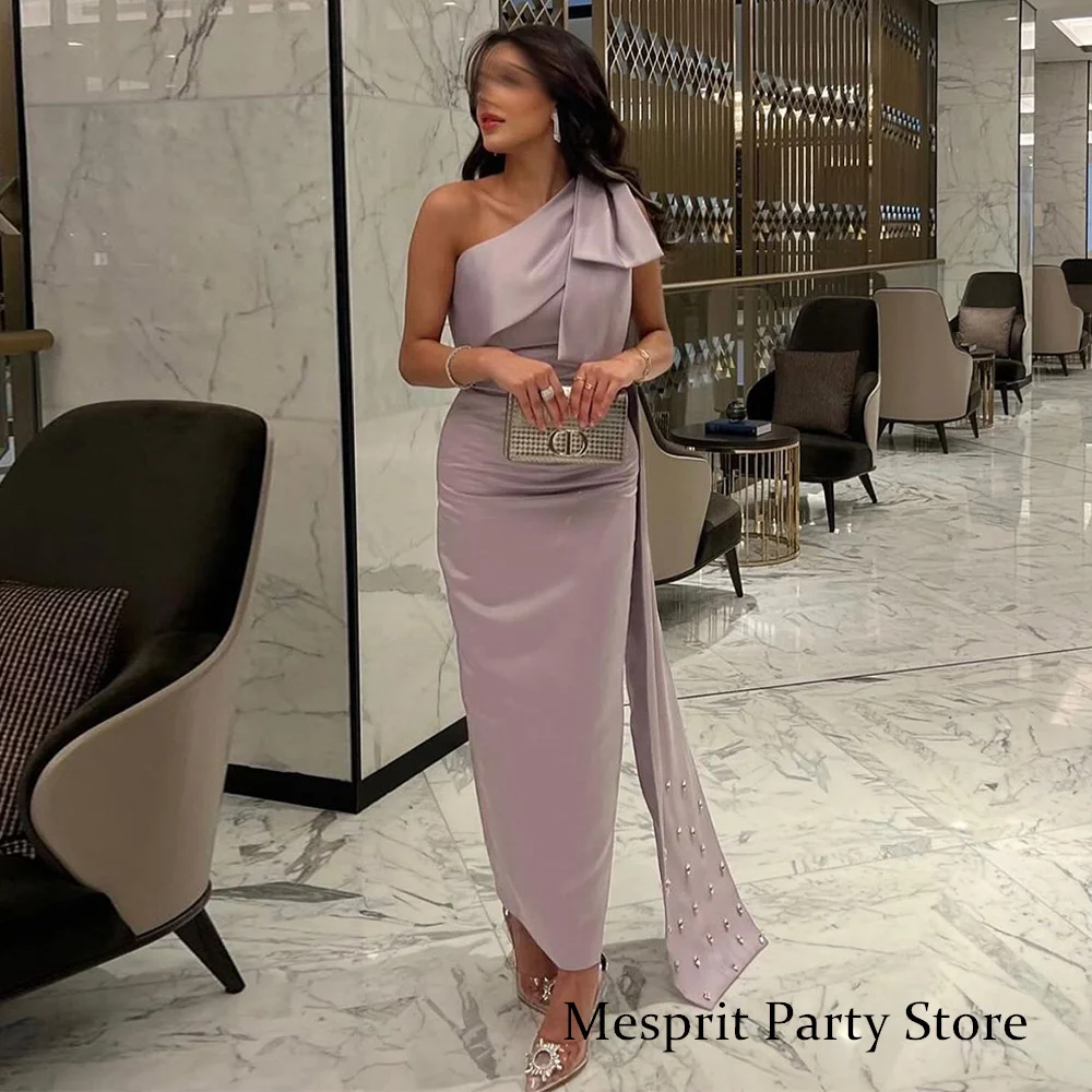 Sexy Saud Evening Dress for Formal Occasion Customized One Shoulder Sleeve Bow Stones Anke Length Satin Wedding Prom Gown