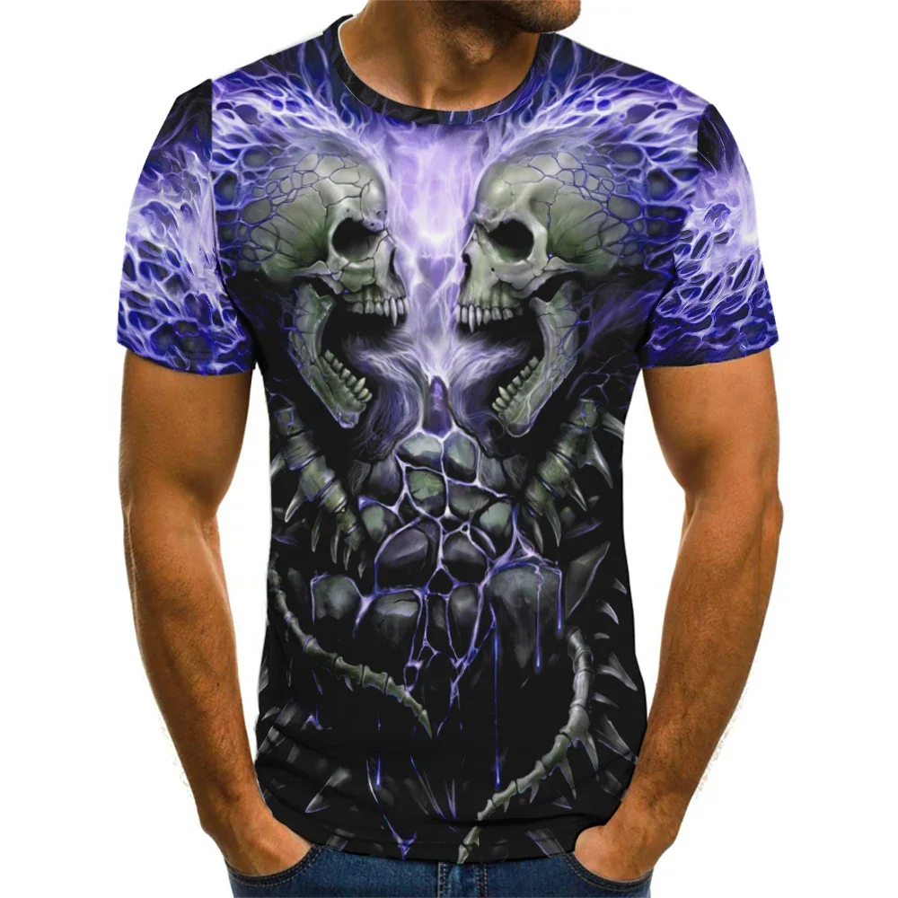 Men's Purple Electric Skull Pattern 3D Full Body Digital Printed T-shirt, Suitable for Summer Leisure Street Wear