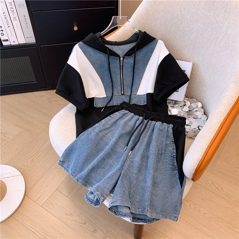 2024 Summer New Stitched Zipper T-shirt top Female Set Elegant Women\'s shorts Casual Blouse Two Piece Set Ladies Tracksuits big