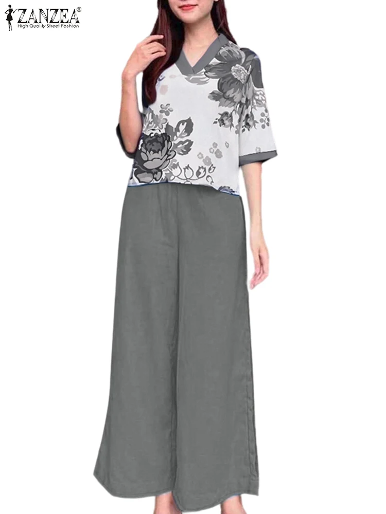 

ZANZEA Floral Print V-Neck Half Sleeve Blouse Solid Wide Leg Pants Pant Sets Casual Woman Summer 2 Pieces Sets Two Piece Outfits