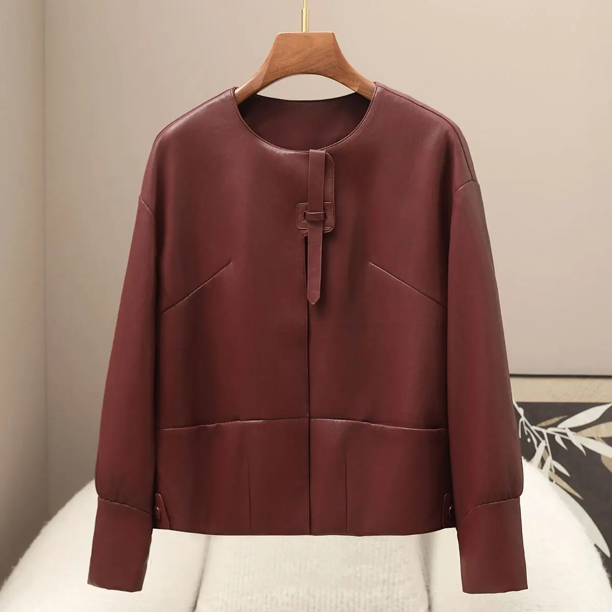 Herfst en winter nieuwe dames PU-jas elegante leren jas met ronde hals