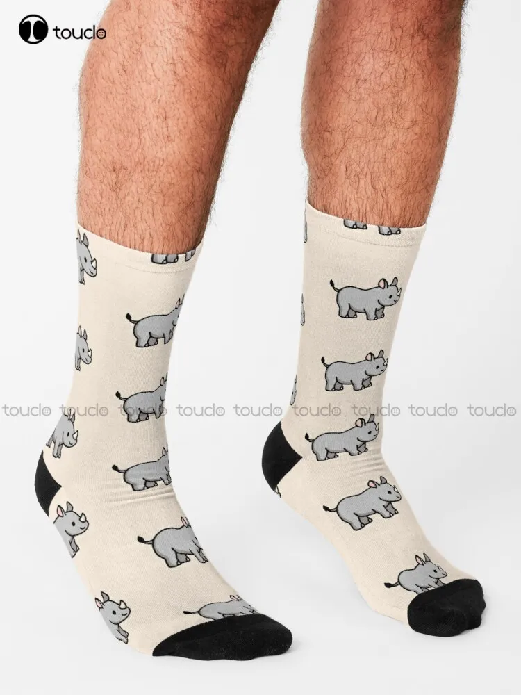 Rhino Rhinos, Rhino, Rhinoceros, Gray, Baby, Kawaii Socks Gym Socks Personalized Custom Unisex Adult Teen Youth Socks Harajuku