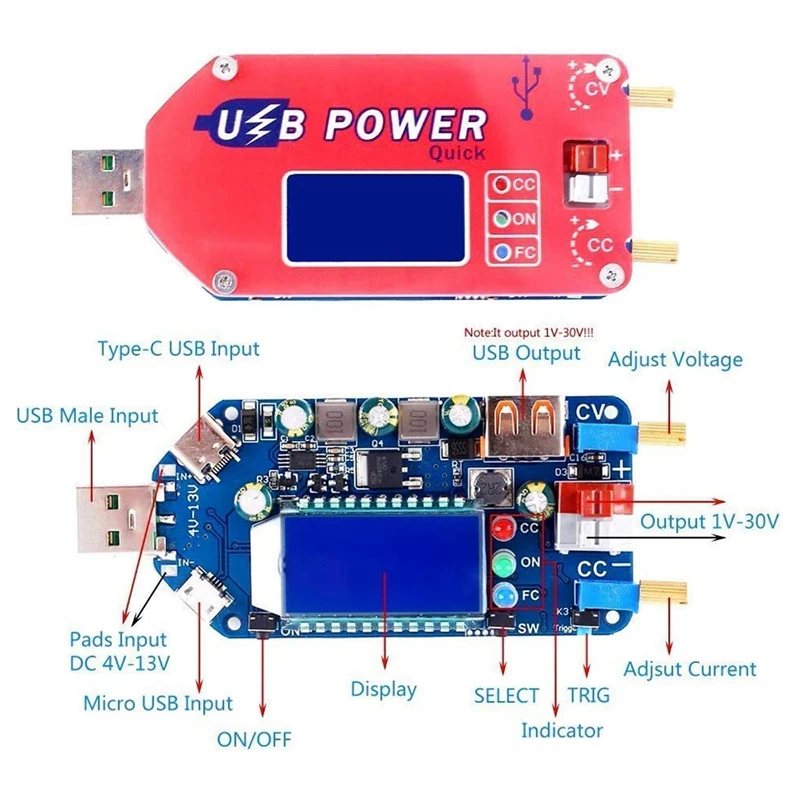 USB Buck Boost Voltage Converter, 15W LCD Step Up Down Power Supply Module Support Fast-Charge Of QC 2.0, QC 3.0, FCP