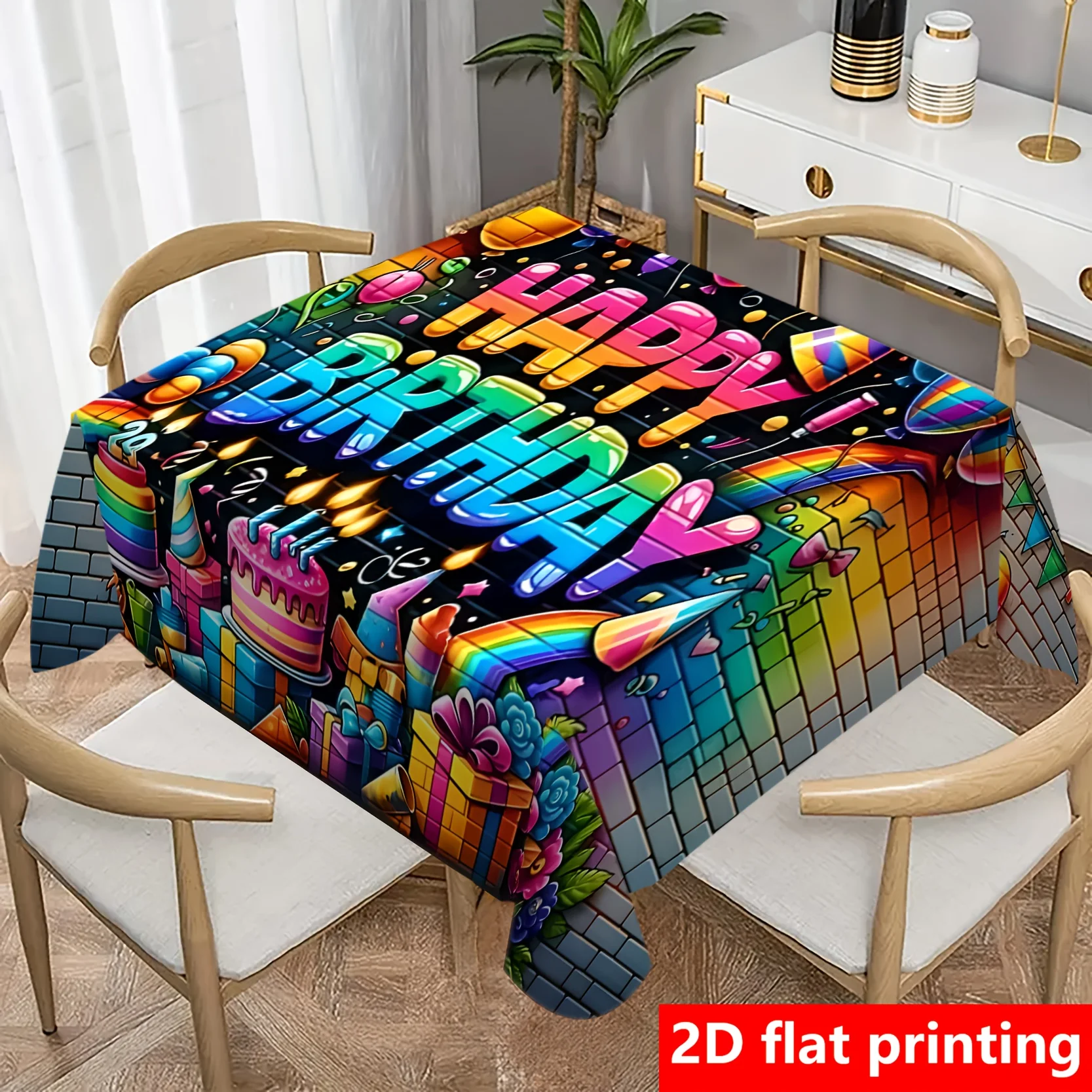 1Pc Modern Style Tablecloth Multicolor Happy Birthday Rainbow Cake Gift Print Table Cover For Party Celebration Home Decor Dustp