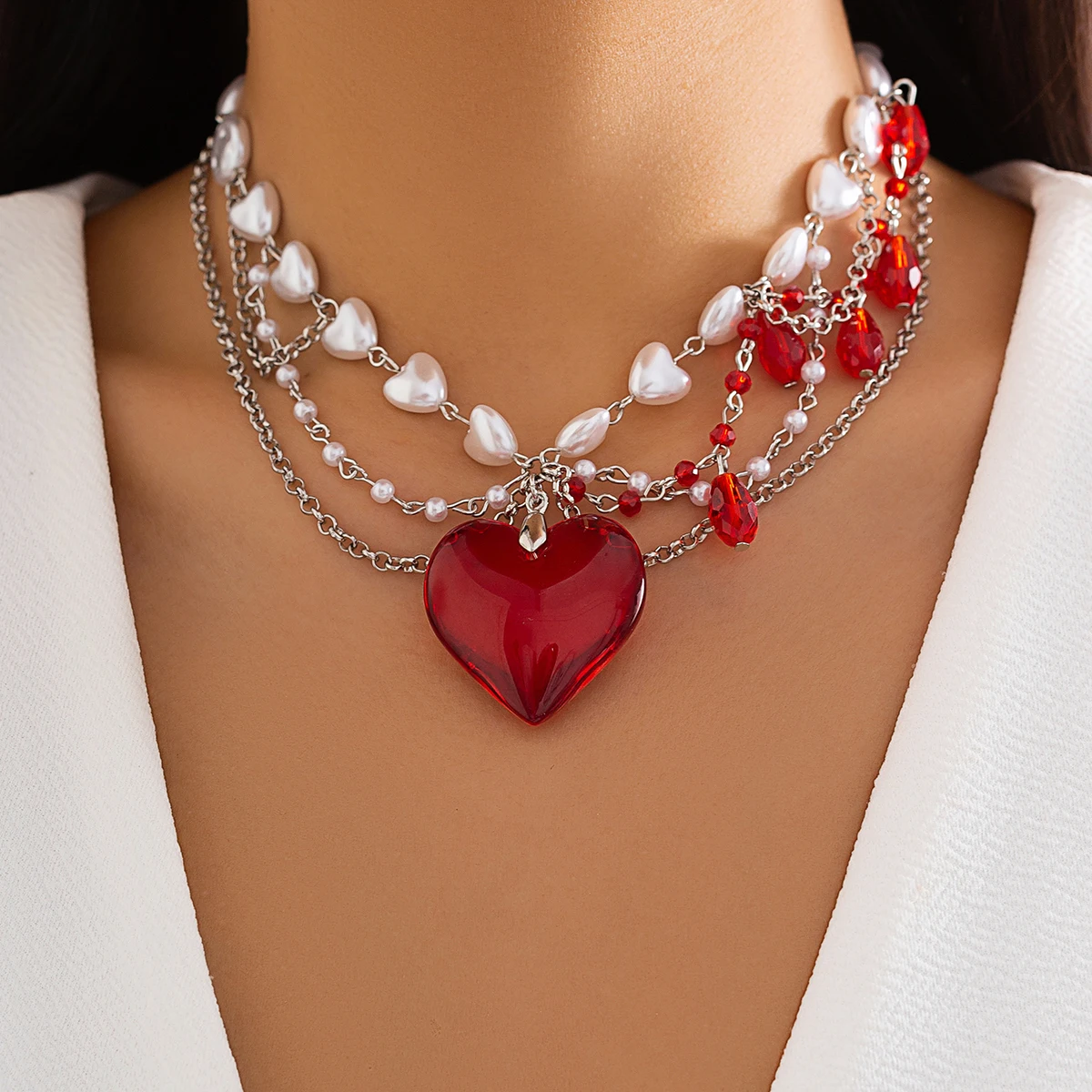 IngeSight.Z  Luxury Multi layered Red Crystal Peach Heart Pendant Necklace for Women Elegant Imitation Pearl Link Chain Jewelry