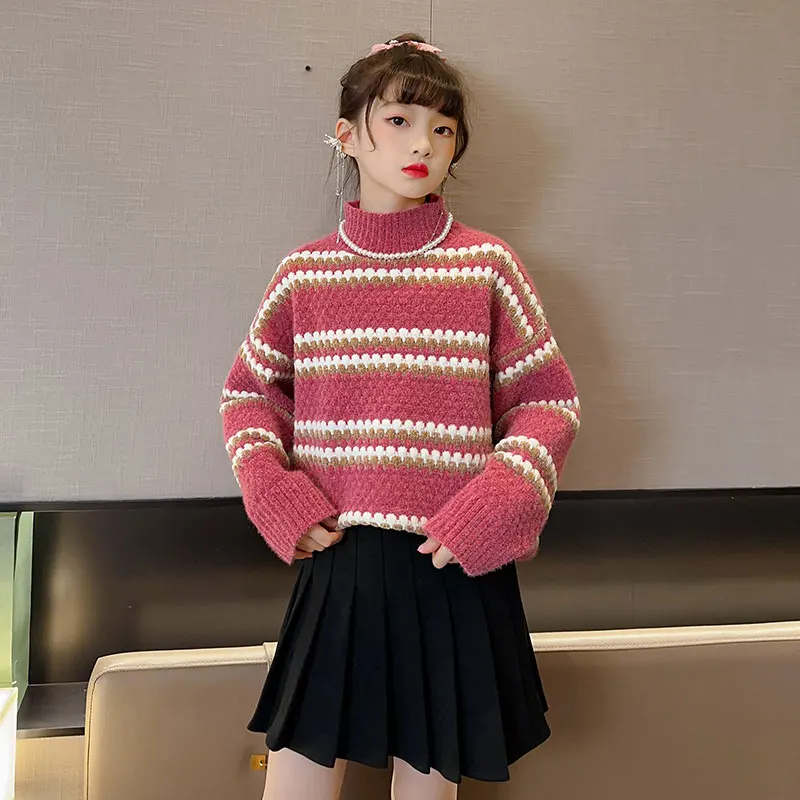 3-14 Years Old Girls  Winter Clothes New Kids Fashionable Sweet Pullover Striped Chenille Sweater Girls Sweater Pink Sweater