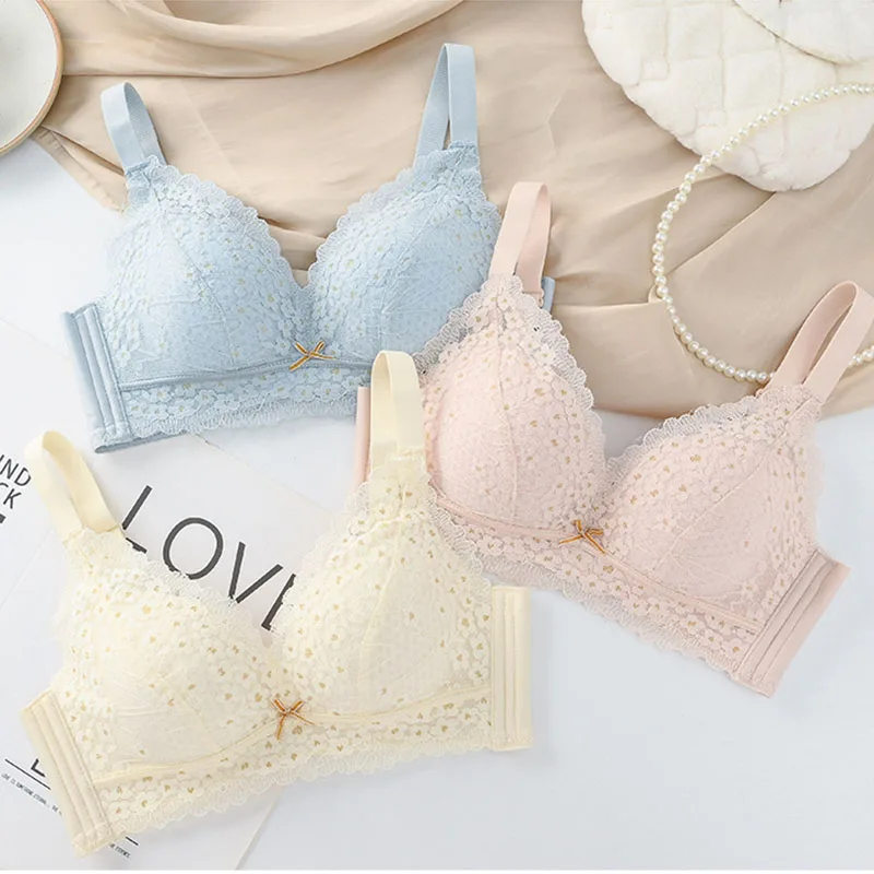 Small Chest No Underwire Bra Women\'s Sense Lace Breathable Bra Gather Comfortable Wrap Chest Anti-Sagging Underwear Soft