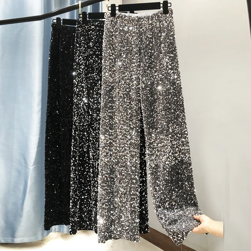 Women's Fashion Glitter Sparkling Gold Pants Relaxation Hight Waist Wide-legged Pants Y2k Pants Streetwear Party Club Clothes