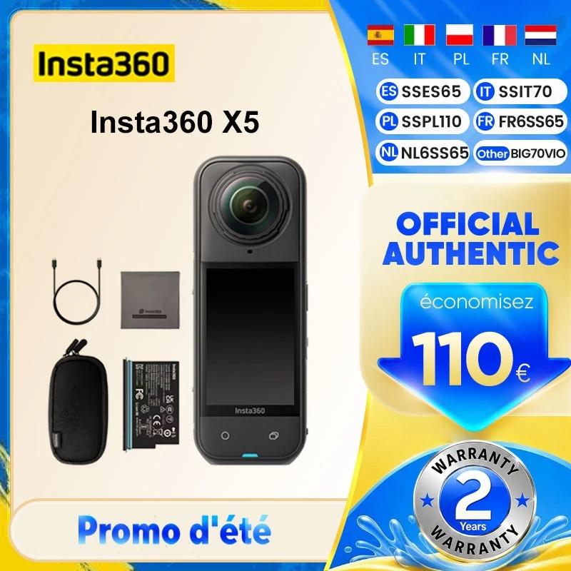 Insta360 X5 360 °   Caméra 8K étanche performante en basse lumière, effet bâton de selfie invisible, objectif remplaçable robuste, batterie 3H