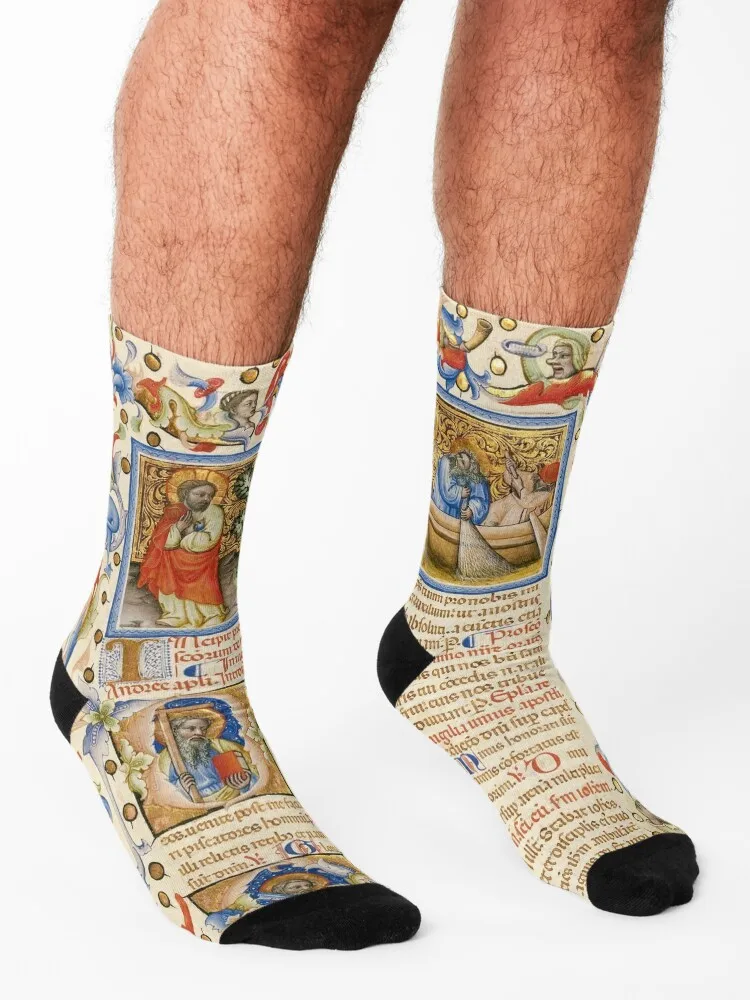 Medieval illuminated manuscript. medieval miniature Socks Lots Climbing Stockings compression winter thermal Men Socks Women's
