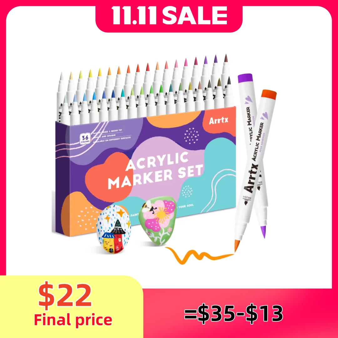 

Arrtx 36/48/60/90 Colors Acrylic Marker Extra Brush Tip Paint Fabric Markers Paint Pen Art Markers Waterproof for Rock Painting