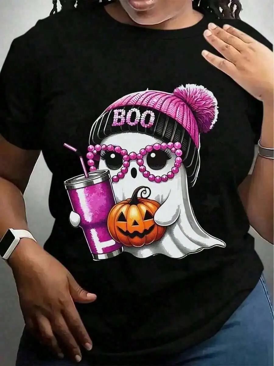 

Halloween Graphic Tee Women Loose Fit Ghost With Pink Hat Pumpkin And Drink