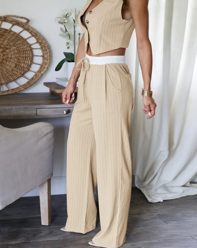 Women's Two-Piece Set Stripped V-Neck Crop Sleeveless Button Front Vest Casual Wide Leg Pants with Pockets Outfit Set