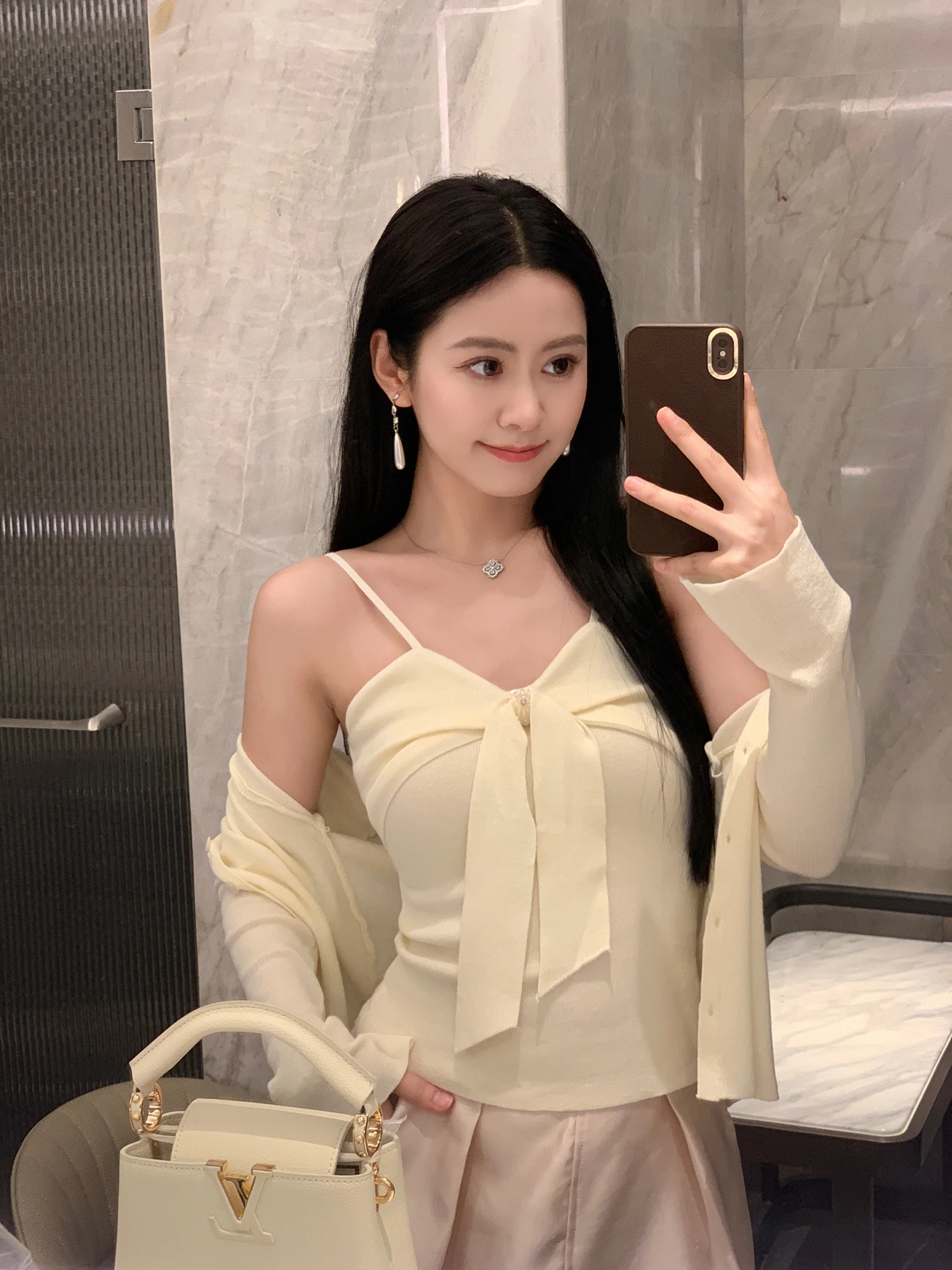 

Fashionable Knitted Two-Piece Set for Women Sweet Style V-Neck Long Sleeve Vest And Strap Top Decorative Button Polyester Fiber