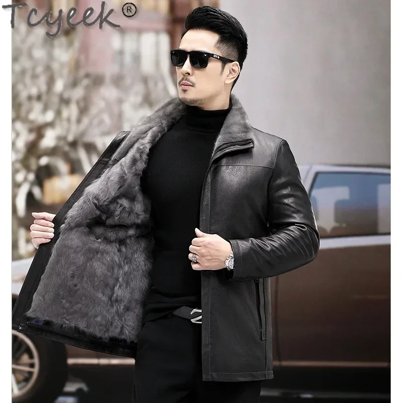 Tcyeek Real Leather Jacket Men Wool Coat Mid-length Goatskin Coats for Man 2025 Winter Clothes Warm Mink Fur CollarJaqueta Couro