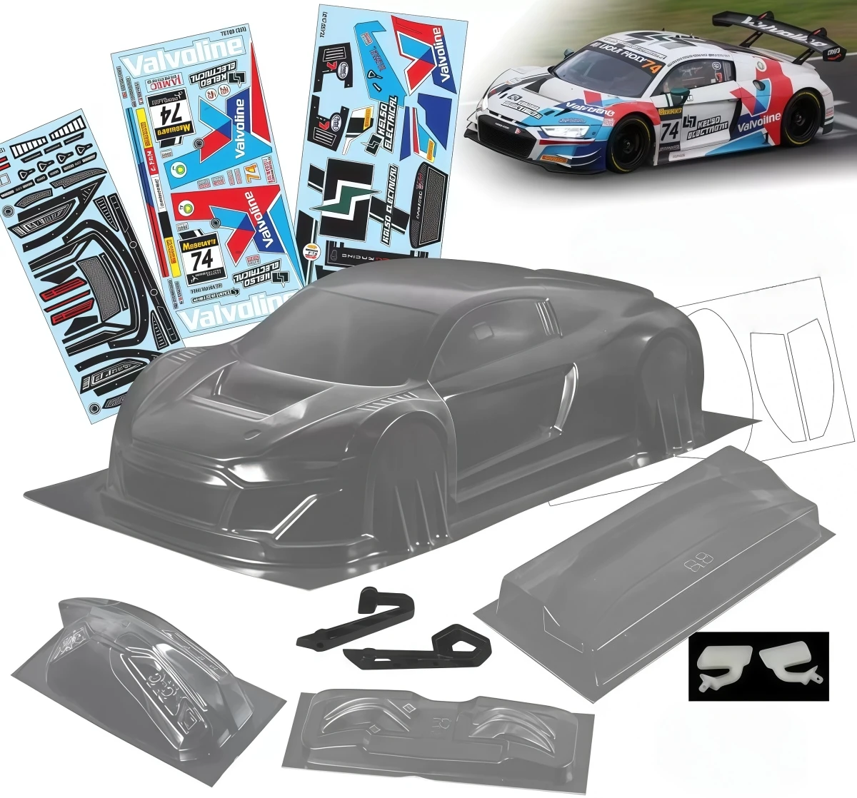 1/10 Clear Body Shell R8 GT3 190mm 258mm Wheelbase Lexan Body W/ Rear Wing Light Buckles Mirrors For 1:10 RC Drift Touring Car