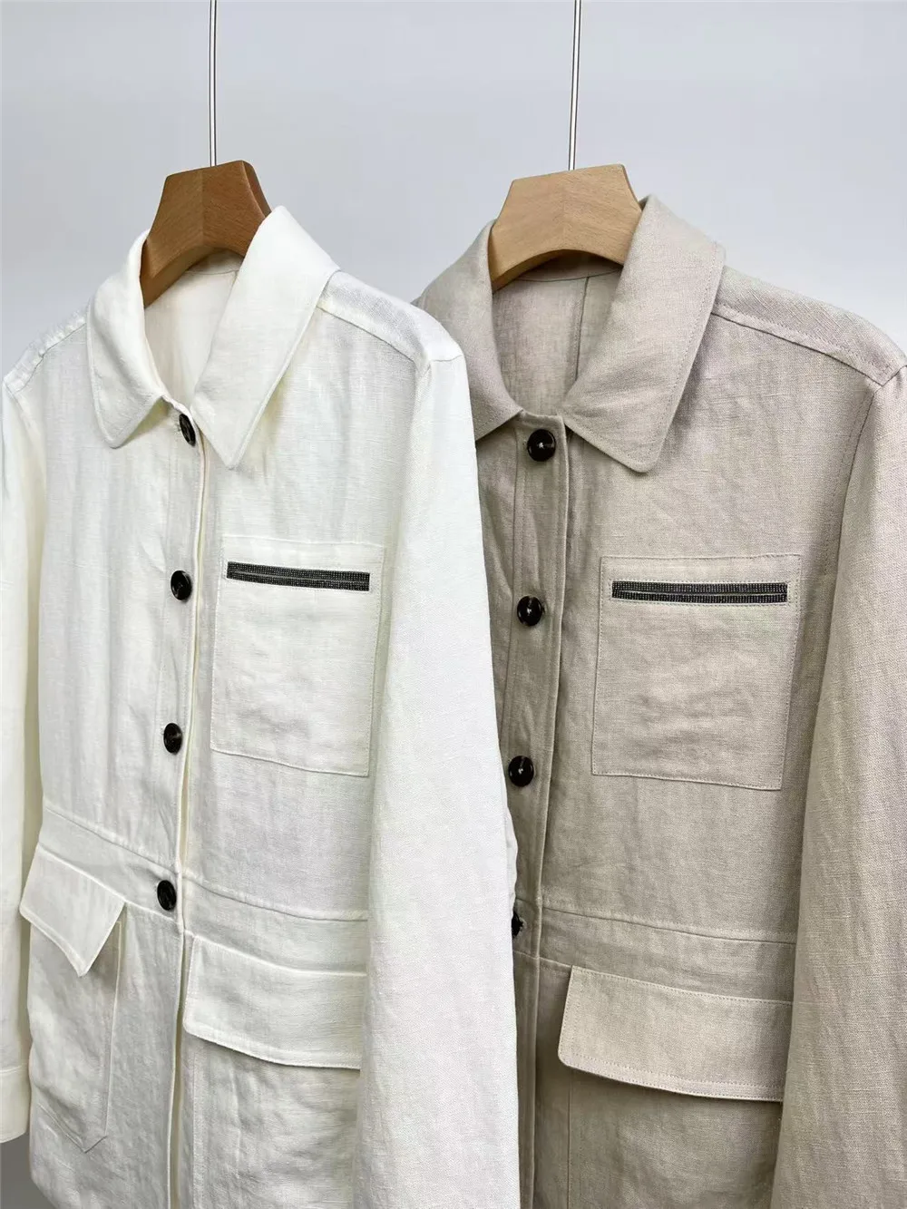 2025 New Lapel Single-Breasted Imported Linen Coat Beaded Casual Loose Long-Sleeved Jacket