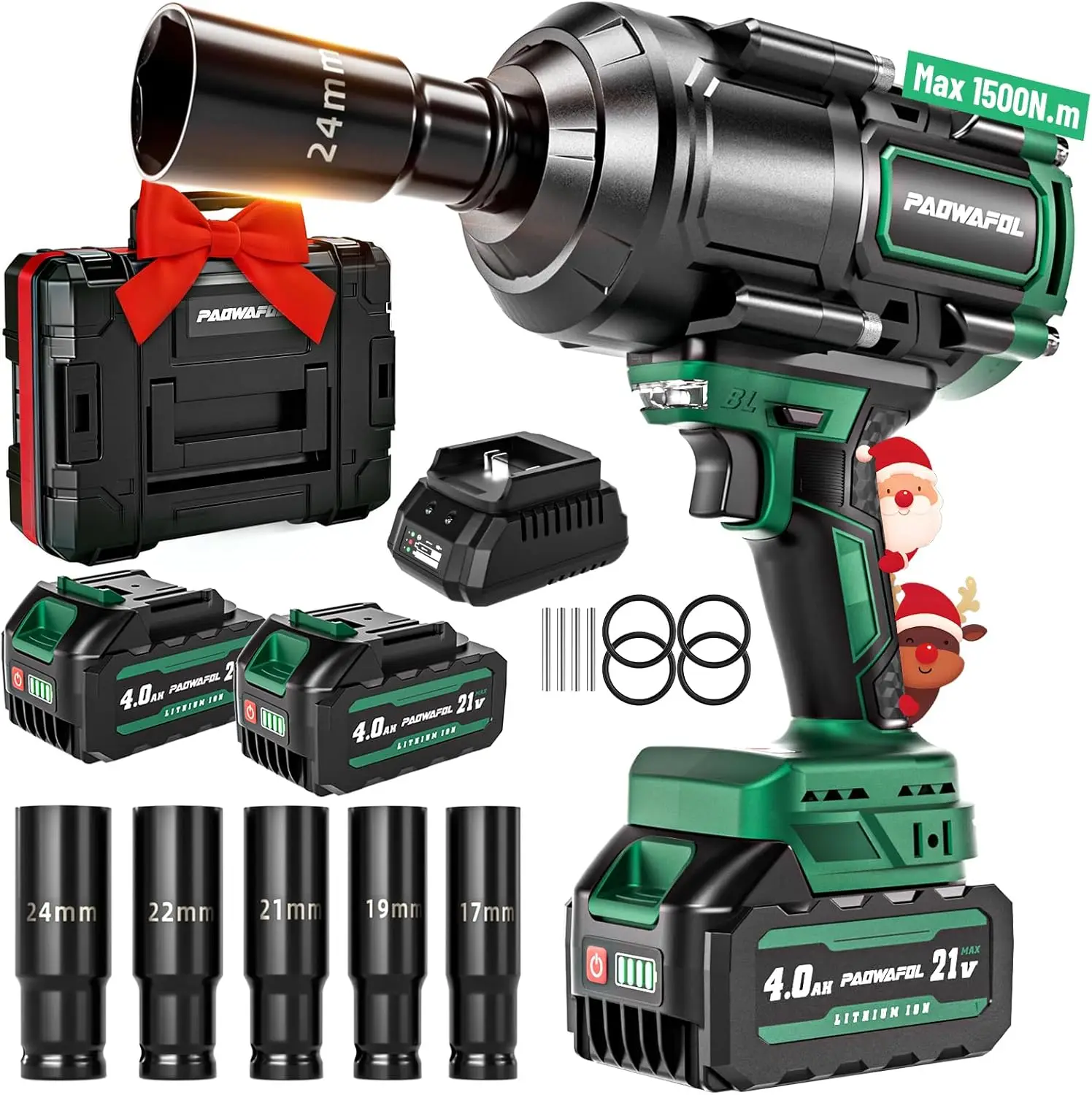 

1500N.m High Torque Brushless Impact Wrench with 2 Batteries, Fast Charger, Sockets & Case for Car Truck Tires