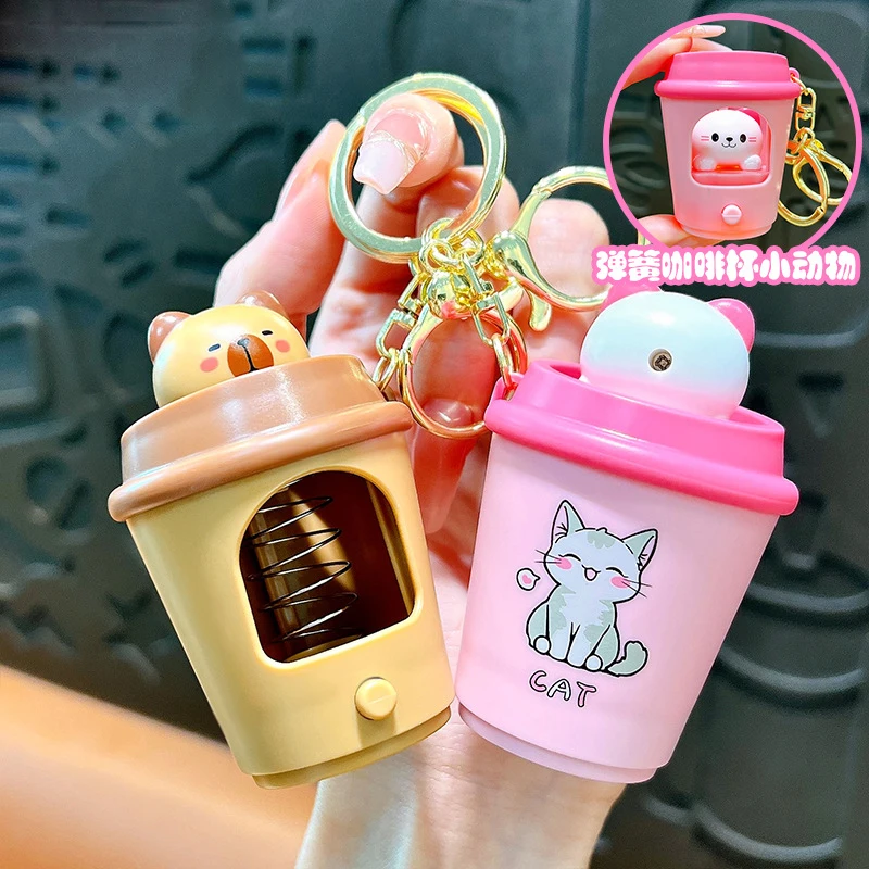 Creative Bouncing Cat Milk Tea Cup Keychain Night Light Panda Cat Pendant Keyring School Bag Doll Key Chain Couple Car Keyfob