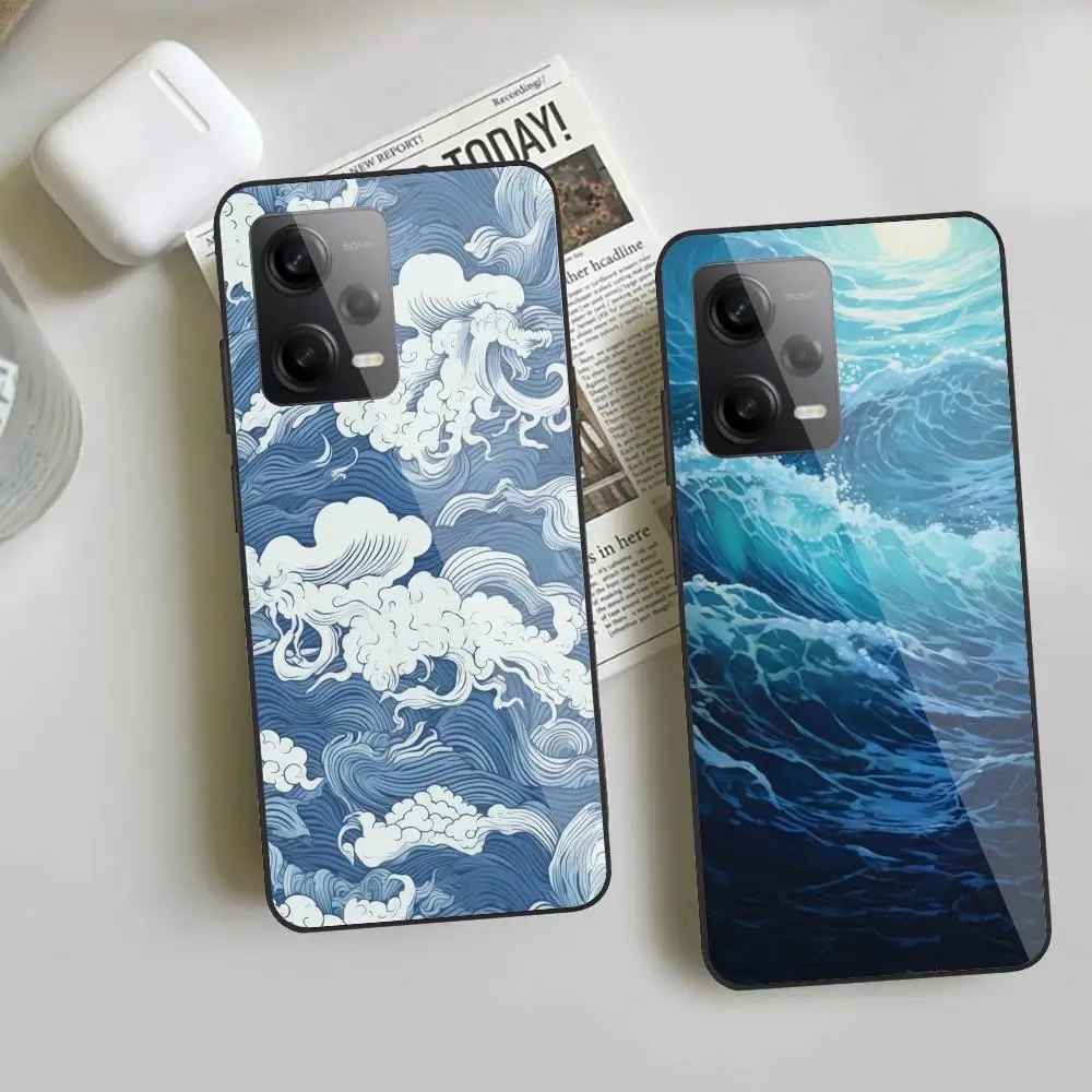 

Big Waves Phone Case For Redmi Note 13 Pro Plus 12 11 A3X A1 A2 13C 12C Black Glass Cases