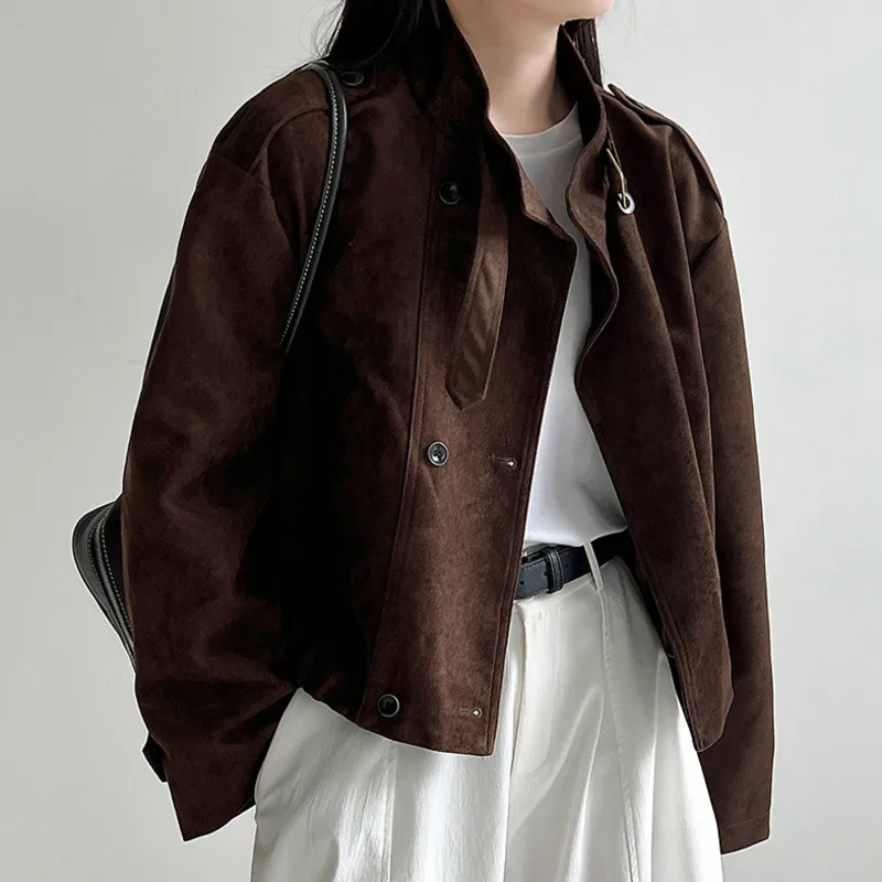 

Новая женская винтажная короткая куртка в стиле Майярд с воротником-стойкой, на пуговицах, однотонная, уличная одежда, весна-осень-зима 2026