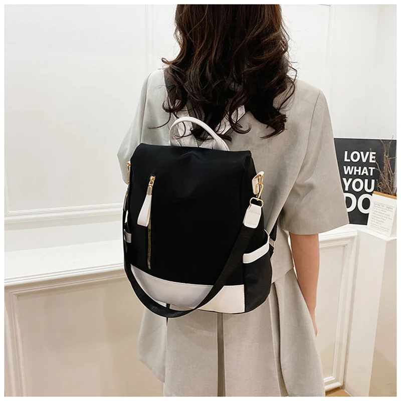 Waterproof Oxford Cloth Stitching Women's Backpack Anti-theft Back Zipper Girls Schoolbag Casual Travel Single Shoulder Backpack